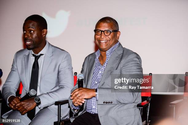 Actor Sterling K. Brown and film director Reginald Hudlin speak at the "Marshall" Q & A at AMC Empire 25 theater on September 23, 2017 in New York...