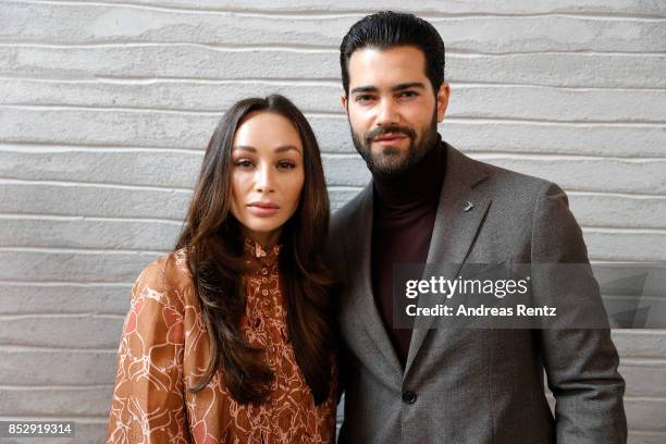 Cara Santana and Jesse Metcalfe are seen backstage ahead of the Trussardi show during Milan Fashion Week Spring/Summer 2018on September 24, 2017 in...