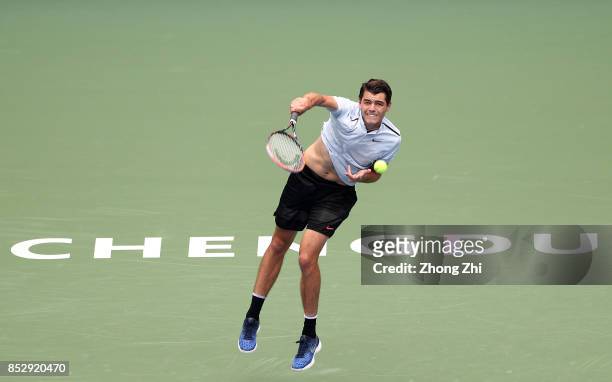 Taylor Fritz of the United States serves during the match against Marco Chiudinelli of Switzerland during Qualifying second round of 2017 ATP Chengdu...