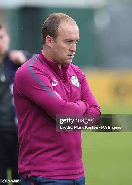 Manchester City Manager Nick Cushing prepares for the match during the FA Women's Super League at Huish Park, Yeovil.