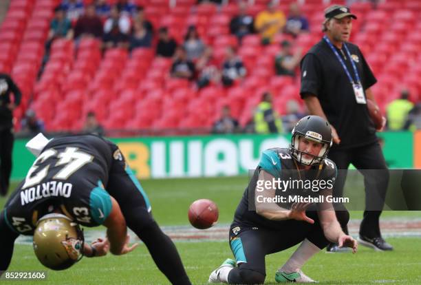 Brad Nortman of Jacksonville Jaguars warms up before the NFL match between The Jacksonville Jaguars and The Baltimore Ravens at Wembley Stadium on...