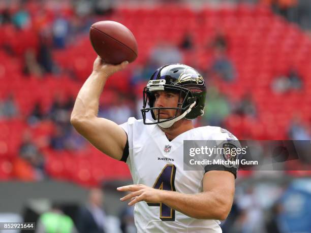 Sam Koch for Baltimore Ravens warms up before the NFL match between The Jacksonville Jaguars and The Baltimore Ravens at Wembley Stadium on September...