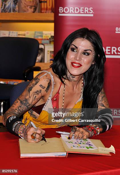 Kat Von D promotes her new book ''High Voltage Tattoo'' at a Borders book store on March 7, 2009 in Philadelphia, Pennsylvania.