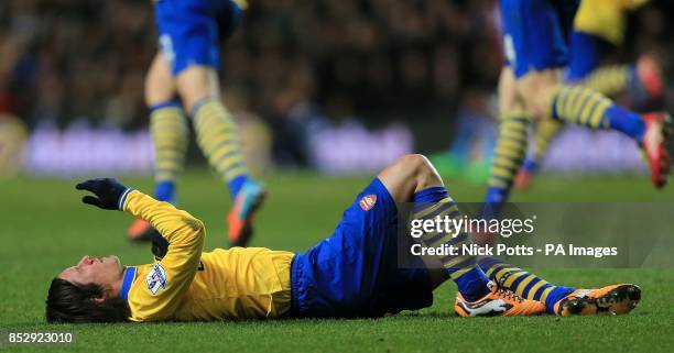 Arsenal's Tomas Rosicky lies injured with a bloody nose