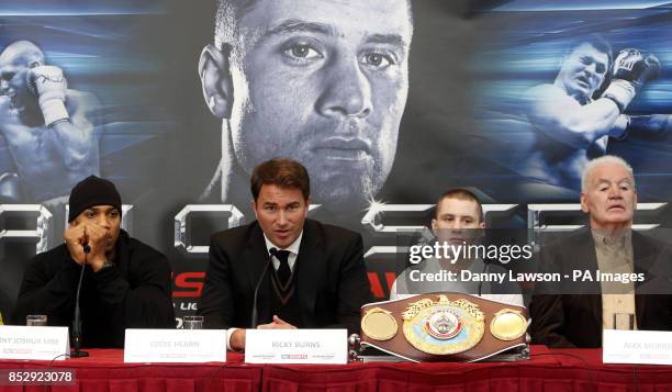 Anthony Joshua , Ricky Burns Promoter Eddie Hearn and Promoter Alex Morrison during a press conference at the City Halls in Glasgow.