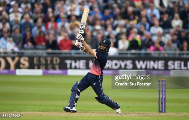 Moeen Ali of England hits a six during the 3rd Royal London One Day International match between England and the West Indies at The Brightside Ground...