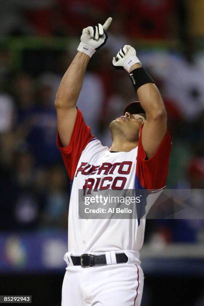 Ivan Rodriguez of Puerto Rico celebrates after hitting a home run against Panama during the 2009 World Baseball Classic Pool D match on March 7, 2009...