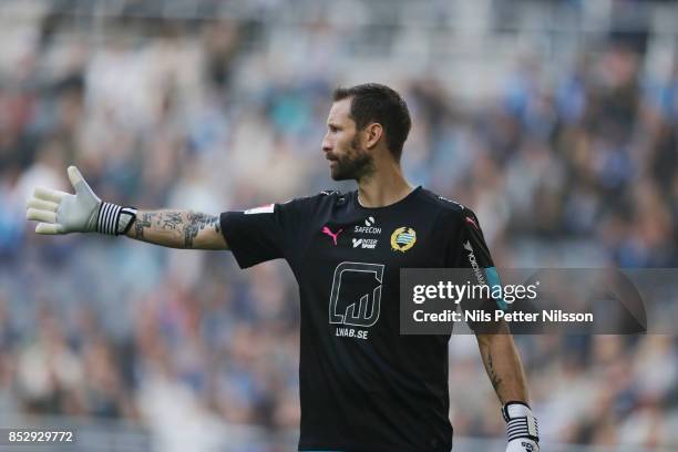 Johan Wiland, goalkeeper of Hammarby IF during the Allsvenskan match between Djurgardens IF and Hammarby IF at Tele2 Arena on September 24, 2017 in...