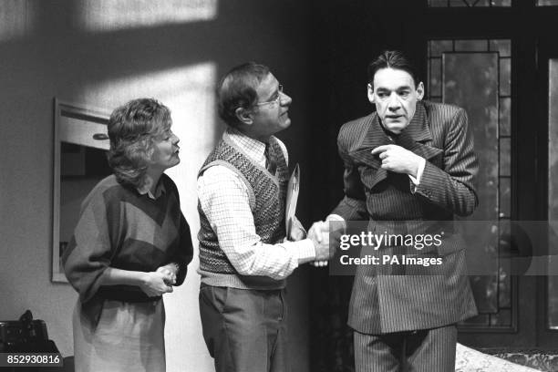 Alison Steadman, Geoffrey Palmer and Roger Lloyd Pack in rehearsal at the Royal Court Theatre for Alan Bennett's new play Kafka's Dick.