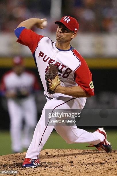 Javier Vasquez of Puerto Rico pitches against Panama during the 2009 World Baseball Classic Pool D match on March 7, 2009 at Hiram Bithorn Stadium in...