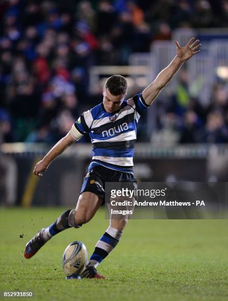 Bath Rugby's George Ford kicks a conversion during the Amlin Challenge Cup match at the Recreation Ground, Bath.