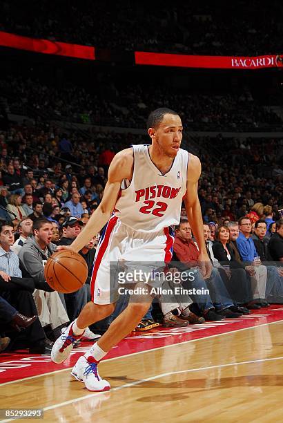 Tayshaun Prince of the Detroit Pistons moves the ball against the Phoenix Suns during the game at the Palace of Auburn Hills on February 8, 2009 in...