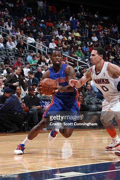 Rodney Stuckey of the Detroit Pistons drives to the basket against the Atlanta Hawks at Philips Arena on March 7, 2009 in Atlanta, Georgia. NOTE TO...