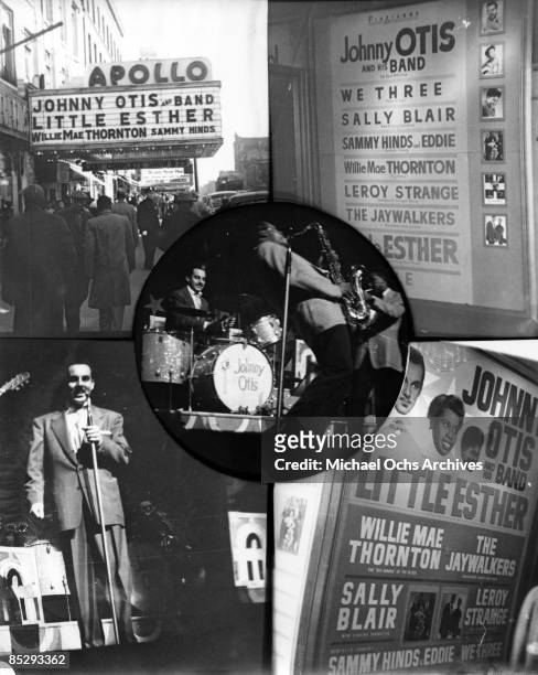 Collage of the marquee and program of the Apollo Theater displaying the Johnny Otis Band performing and with the names of "Little" Esther Phillips,...