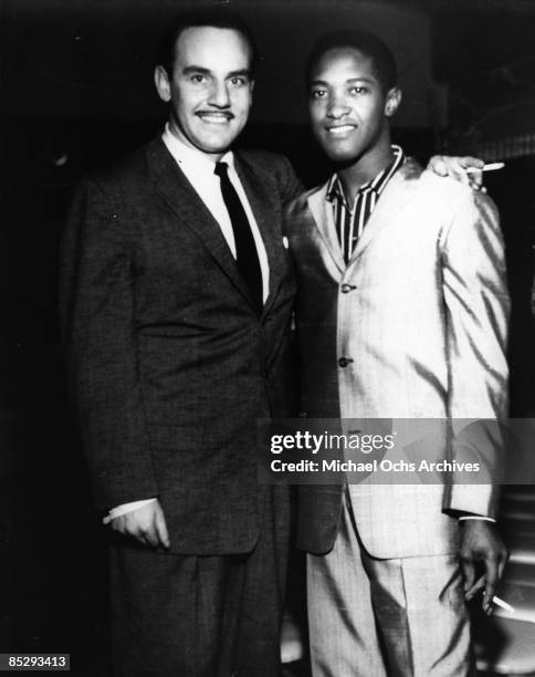 Band leader Johnny Otis poses for a portrait with singer Sam Cooke on the set of the first episode of "The Johnny Otis Show" which was filmed on July...
