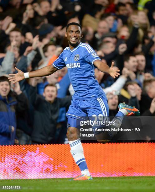 Chelsea's Samuel Eto'o celebrates scoring his hat-trick