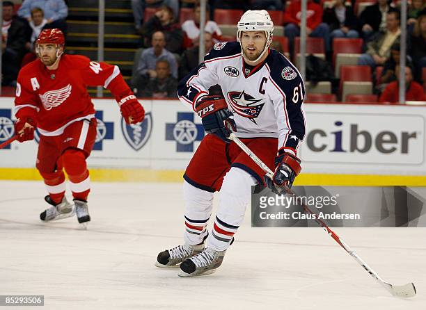 Rick Nash of the Columbus Blue Jackets skates in a game against the Detroit Red Wings on March 7, 2009 at the Joe Louis Arena in Detroit, Michigan.