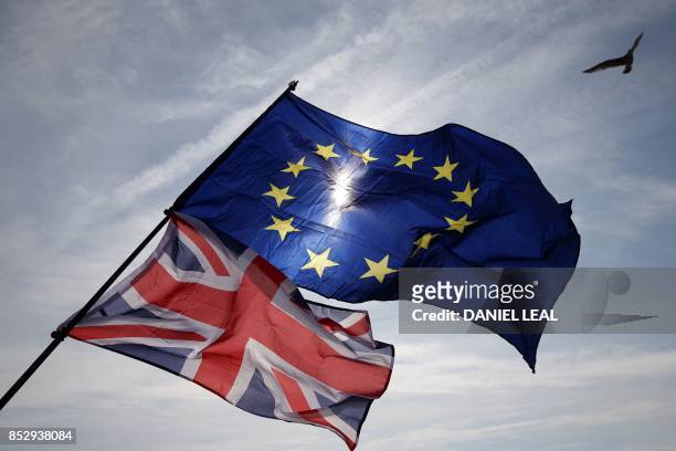 Gull flies above European and Union flags in Brighton on September 24 during a march against Brexit. - Britain's revitalised Labour opposition kicks...