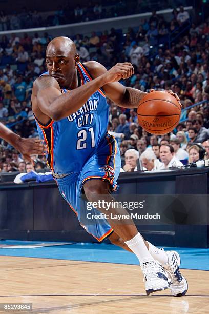 Damien Wilkins of the Oklahoma City Thunder drives the baseline against the New Orleans Hornets on March 7, 2009 at the New Orleans Arena in New...