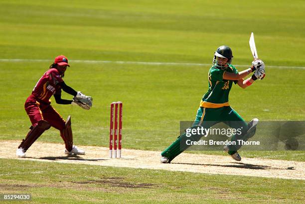 Susan Benade of South Africa bats during the ICC Women's World Cup 2009 round one group stage match between the West Indies and South Africa at...