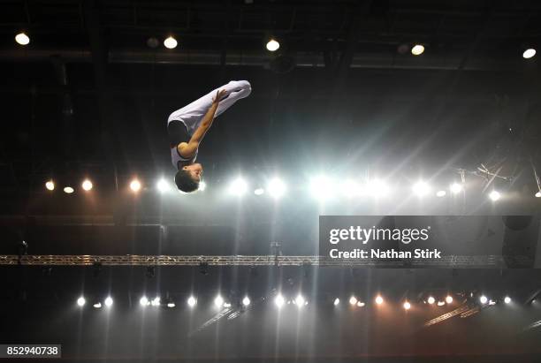 Issac Cheney of Great Britain competes on the trampoline during the Trampoline, Tumbling & DMT British Championships at the Echo Arena on September...