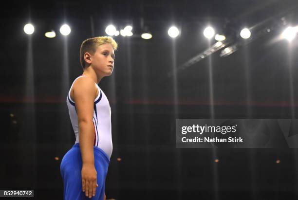 George Corben of Great Britain looks on before he competes on the trampoline during the Trampoline, Tumbling & DMT British Championships at the Echo...