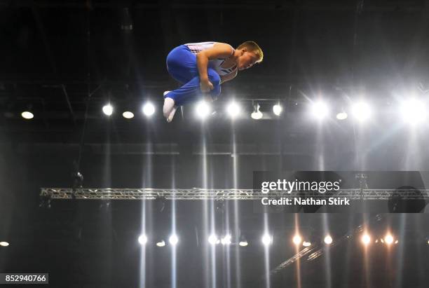 George Corben of Great Britain competes on the trampoline during the Trampoline, Tumbling & DMT British Championships at the Echo Arena on September...
