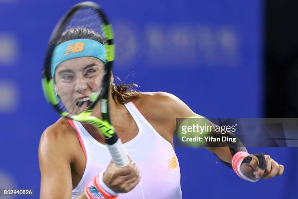 Sorana Cirstea plays a forehand during the match against Wang Yafan on Day 1 of 2017 Dongfeng Motor Wuhan Open at Optics Valley International Tennis...