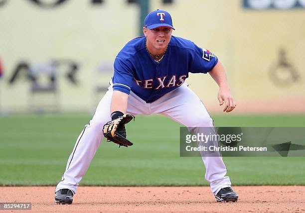 Justin Smoak of the Texas Rangers in action during the spring training game against the San Diego Padres at Surprise Stadium on March 5, 2009 in...
