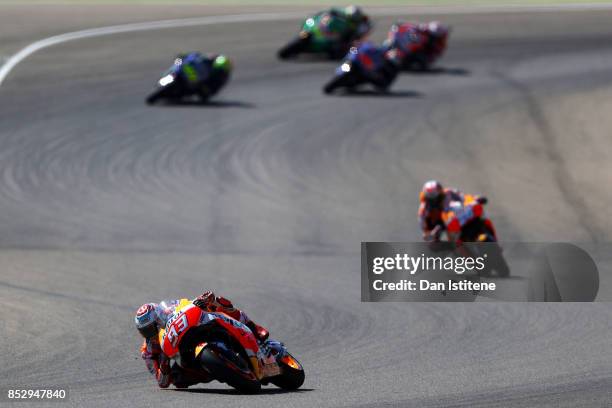 Marc Marquez of Spain and the Repsol Honda Team leads during the MotoGP of Aragon at Motorland Aragon Circuit on September 24, 2017 in Alcaniz, Spain.