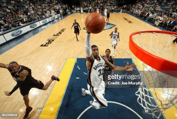 Mayo of the Memphis Grizzlies dunks in a game against the Philadelphia 76ers on March 7, 2009 at FedExForum in Memphis, Tennessee. NOTE TO USER: User...