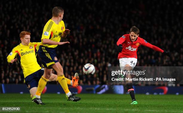 Manchester United's Adnan Januzaj has a shot on goal during the Capital One Cup, Semi Final, Second Leg at Old Trafford, Manchester.
