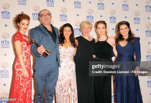 Paula Lane, Stuart Blackburn, Hayley Tamaddon, Julie Hesmondhalgh, Jenny McAlpine and Debbie Rush with the award for Best Serial Drama, at the 2014...