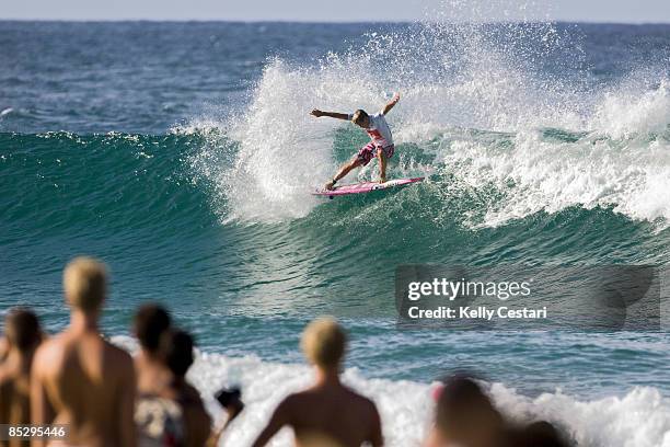 Julian Wilson of Australia performs a forehand snap on a wave during Round 3 of the Quiksilver Pro Gold Coast presented by LG Mobile on March 08,...