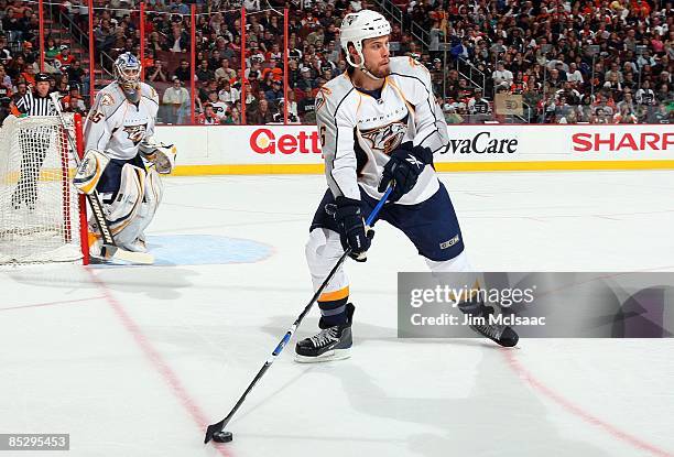 Shea Weber of the Nashville Predators skates against the Philadelphia Flyers on March 7, 2009 at Wachovia Center in Philadelphia, Pennsylvania. The...