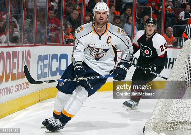 Jason Arnott of the Nashville Predators skates against the Philadelphia Flyers on March 7, 2009 at Wachovia Center in Philadelphia, Pennsylvania. The...