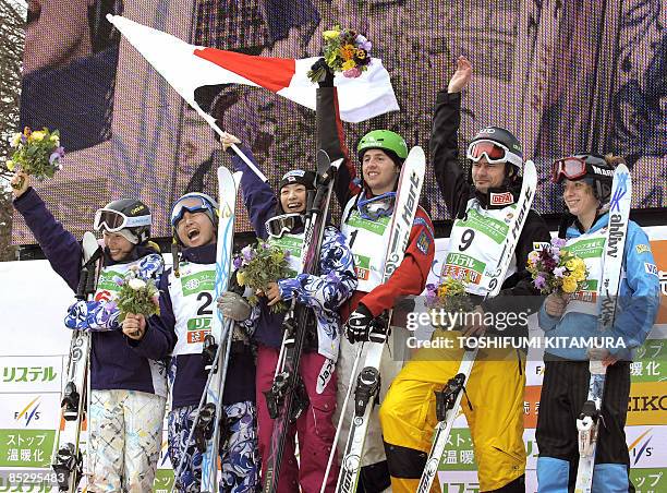 Men's and women's dual mogul winners, second placers Miki Ito and Nobuyuki Nishi of Japan; winners Aiko Uemura of Japan and Alexandre Bilodeau of...