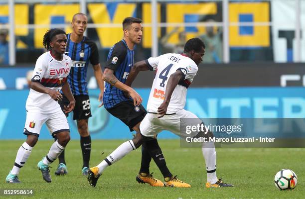 Matias Vecino of FC Internazionale competes for the ball with Isaac Cofiei of Genoa CFC during the Serie A match between FC Internazionale and Genoa...