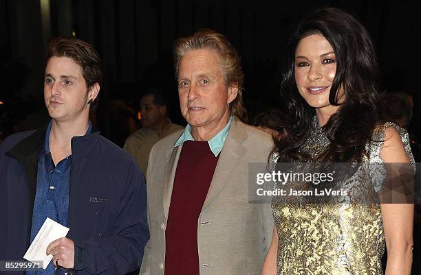 Cameron Douglas, actor Michael Douglas and actress Catherine Zeta-Jones attend Kirk Douglas' one man show "Before I Forget" at The Kirk Douglas...