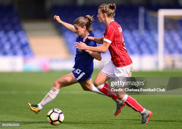 Maren Mjelde of Chelsea battles for the ball during a WSL Match between Chelsea Ladies and Bristol Academy Women on September 24, 2017 in...