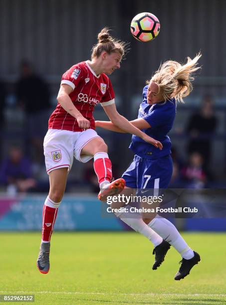 Gemma Davison of Chelsea competes for a header during a WSL Match between Chelsea Ladies and Bristol Academy Women on September 24, 2017 in...