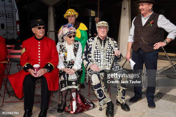 Pearly Kings and Queens and Chelsea Pensioners gather in Guildhall Yard during Harvest Festival on September 24, 2017 in London, England. The...