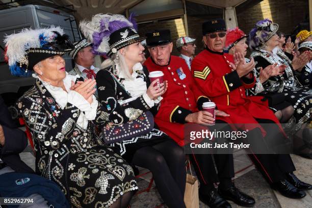 Pearly Kings and Queens and Chelsea Pensioners gather in Guildhall Yard during Harvest Festival on September 24, 2017 in London, England. The...