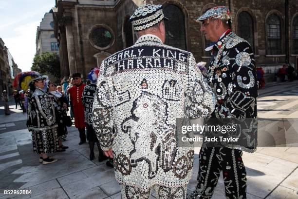 Pearly Kings and Queens gather in Guildhall Yard during Harvest Festival on September 24, 2017 in London, England. The tradition of the Pearly Kings...