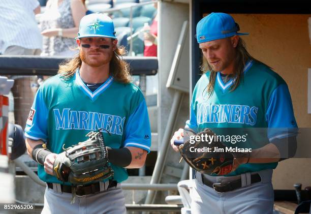 Ben Gamel and Taylor Motter of the Seattle Mariners prepare for a game against the New York Yankees at Yankee Stadium on August 26, 2017 in the Bronx...