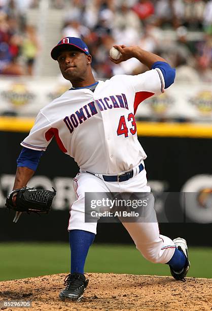 Marte Damaso of The Dominican Republic in action against The Netherlands during the 2009 World Baseball Classic Pool D match on March 7, 2009 at...