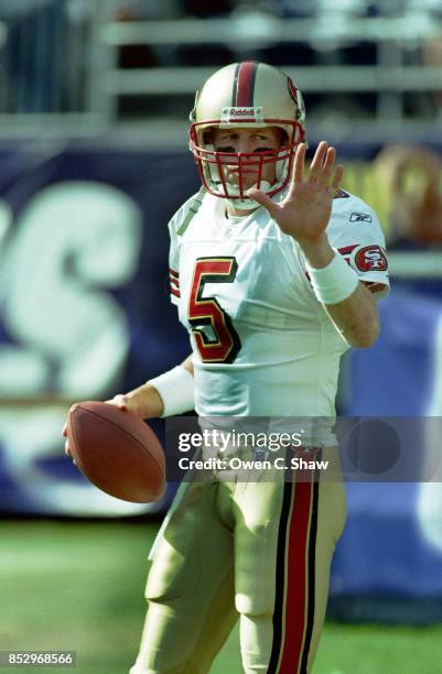 Jeff Garcia of the San Francisco 49ers prepares for a game against the San Diego Chargers at Jack Murphy Stadium circa 2002 in San Diego,California.