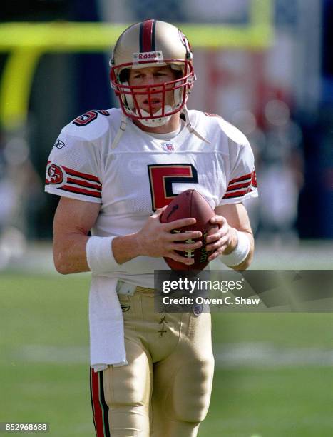 Jeff Garcia of the San Francisco 49ers prepares for a game against the San Diego Chargers at Jack Murphy Stadium circa 2002 in San Diego,California.