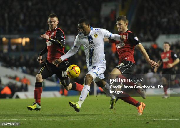 Leeds United's Dominic Poleon makes a run against Ipswich Town's Ryan Tunnicliffe and Tommy Smith during the Sky Bet Championship match at Elland...