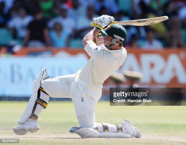 Phil Hughes of Australia hits out during day three of the Second Test between South Africa and Australia played at Kingsmead on March 8, 2009 in...